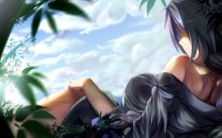 Rule 34 | 1girl, bamboo, bare shoulders, braid, breasts, cloud, day, from behind, hair ribbon, highres, initial f, large breasts, long hair, lying, off shoulder, on side, ribbon, shirt, silver hair, sky, solo, touhou, yagokoro eirin