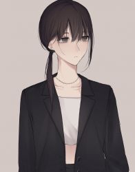 Rule 34 | 1girl, black hair, black jacket, brown background, brown eyes, chain necklace, collarbone, commentary request, crop top, eyebrows hidden by hair, hair between eyes, highres, jacket, jewelry, long hair, looking away, low ponytail, necklace, open clothes, open jacket, original, ponytail, shirt, simple background, solo, tsuruse, white shirt