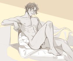 Rule 34 | 1boy, abs, anal, anal object insertion, bare arms, bare legs, bare shoulders, barefoot, blanket, blush, chest hair, claude von riegan, collarbone, completely nude, couch, dildo, facial hair, fire emblem, fire emblem: three houses, flaccid, head tilt, leaning back, leg hair, looking at viewer, male focus, male penetrated, navir log, nintendo, nipples, nude, object insertion, parted lips, pectorals, penis, precum, reclining, sex toy, short hair, sideburns, simple background, sitting, solo, solo focus, stomach, sweat, tan, thighs, toned, yellow background