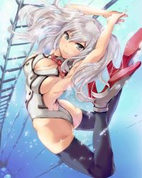 Rule 34 | 10s, 1girl, absurdres, adapted costume, armadillo-tokage, ass, bad id, bad twitter id, black thighhighs, blue eyes, breasts, cleavage, female focus, high heels, highres, jpeg artifacts, kantai collection, kashima (kancolle), large breasts, leotard, looking at viewer, silver hair, smile, solo, thighhighs, twintails, underwater