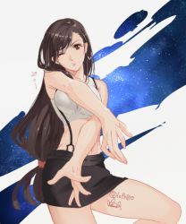 Rule 34 | 1girl, bare shoulders, black hair, black skirt, breasts, brown hair, earrings, final fantasy, final fantasy vii, jewelry, kudou asami, leg up, long hair, low-tied long hair, miniskirt, one eye closed, outstretched arms, pout, red eyes, signature, skirt, solo, suspender skirt, suspenders, tank top, tifa lockhart, white tank top