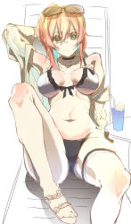 Rule 34 | 1girl, arm behind back, bad id, bad twitter id, bikini, breasts, closed mouth, collarbone, e sky rugo, eyewear on head, girls&#039; frontline, green eyes, hand on back, hand on own head, highres, long hair, looking at viewer, lying, medium breasts, official alternate costume, on back, orange hair, r93 (girls&#039; frontline), r93 (holiday lucky star) (girls&#039; frontline), sandals, simple background, solo, swimsuit, white bikini