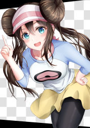 Rule 34 | 1girl, black pantyhose, blue eyes, blush, breasts, brown hair, checkered background, collarbone, commentary request, cowboy shot, creatures (company), double bun, game freak, hair between eyes, hair bun, hand on own hip, hand up, hat, highres, hiziriamane, leaning forward, long hair, long sleeves, medium breasts, nintendo, open mouth, pantyhose, pointing, pointing up, poke ball symbol, pokemon, pokemon bw, raglan sleeves, rosa (pokemon), short shorts, shorts, simple background, smile, solo, twintails, visor cap, yellow shorts