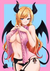 Rule 34 | 1girl, black horns, black panties, blonde hair, breasts, cleavage, demon girl, demon horns, demon tail, demon wings, frilled shirt, frills, highres, hololive, horn ornament, horns, large breasts, lingerie, long hair, no bra, no pants, open clothes, panties, pink shirt, pointy ears, shirt, sleeveless, smile, solo, superfann3, swept bangs, tail, underwear, virtual youtuber, wings, yuzuki choco, yuzuki choco (1st costume)