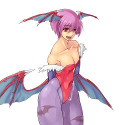 Rule 34 | 1girl, animal print, bad id, bad pixiv id, bare shoulders, bat print, bat wings, breasts, cameltoe, capcom, cleavage, demon girl, elbow gloves, fang, flat chest, gloves, head wings, leotard, lilith aensland, looking at viewer, open mouth, pantyhose, print pantyhose, purple hair, red eyes, red leotard, short hair, simple background, small breasts, smile, solo, t (ttkxxx), thighs, vampire (game), white background, wide hips, wings