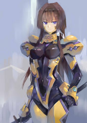 Rule 34 | 1girl, bad id, bad pixiv id, bodysuit, breasts, brown hair, covered navel, frown, hair ribbon, hand on own hip, holding, holding weapon, katana, long hair, muv-luv, muv-luv alternative, muv-luv total eclipse, painting (medium), pilot suit, purple eyes, ribbon, shiny clothes, skin tight, solo, standing, sword, takamura yui, traditional media, very long hair, watercolor (medium), weapon, yostxxx