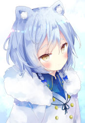 Rule 34 | 1girl, absurdres, animal ear fluff, animal ears, bad id, bad pixiv id, blue hair, blue shirt, blush, brown eyes, cape, closed mouth, collared shirt, commentary request, copyright request, dress shirt, fur-trimmed cape, fur trim, hair between eyes, highres, jacket, looking at viewer, shirt, smile, solo, tsukiyo (skymint), upper body, white cape, white jacket