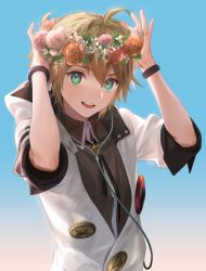 Rule 34 | 1boy, ahoge, arms up, black shirt, blonde hair, buttons, cable, collared shirt, commentary, flower, green eyes, head wreath, headphones, hood, hoodie, kagamine len, leaf, looking at viewer, male focus, naoko (naonocoto), neck ribbon, open mouth, orange flower, orange rose, pink flower, pink rose, project diva (series), red flower, red rose, ribbon, rose, shirt, short ponytail, smile, solo, upper body, vocaloid, white edge (module), white flower, white hoodie, wristband