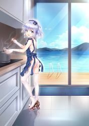 Rule 34 | 1girl, absurdres, apron, ass, blue apron, blue eyes, blue hair, blue hat, boots, bowl, character request, chinese commentary, commentary request, cooking, from side, full body, gloves, hat, highres, indoors, kitchen, ladle, lake, legs, leotard, looking at viewer, mini hat, mountain, open mouth, patio, ponytail, pot, roller skates, scenery, skates, smile, solo, thighhighs, thighs, warship girls r, white footwear, white gloves, white leotard, white thighhighs, window
