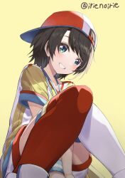 Rule 34 | 1girl, asymmetrical legwear, backwards hat, baseball cap, blue eyes, blue wristband, brown hair, from below, hat, highres, hololive, irie keisuke (handn), looking at viewer, oozora subaru, oozora subaru (1st costume), red thighhighs, shirt, shoes, short hair, shorts, simple background, sitting, smile, sneakers, solo, striped clothes, striped shirt, thighhighs, tomboy, twitter username, vertical-striped clothes, vertical-striped shirt, virtual youtuber, white thighhighs, yellow background