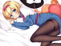 Rule 34 | 1girl, alice margatroid, alternate costume, ass, bad id, bad pixiv id, bed sheet, black headwear, black pantyhose, blonde hair, blue dress, blue eyes, bow, capelet, dress, frilled hairband, frills, hairband, hat, hat bow, heart, heart-shaped pillow, highres, long sleeves, looking at viewer, lying, on bed, on side, pantyhose, pillow, red hairband, red neckwear, shinonome asu, short dress, short hair, solo, thighband pantyhose, touhou, white bow, white capelet, witch hat