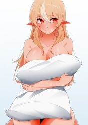 Rule 34 | 1girl, blonde hair, blush, breasts, dark-skinned female, dark skin, gradient background, highres, hololive, hugging object, large breasts, long hair, looking to the side, multicolored hair, nude, orange eyes, pillow, pillow hug, pointy ears, shiranui flare, streaked hair, virtual youtuber, white hair, yamaki (yamaki801)