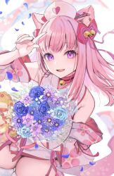 Rule 34 | 1girl, aibon, animal ears, bell, blue flower, blue rose, bouquet, bow, breasts, cat ears, cat girl, commentary request, detached sleeves, falling petals, floral print, flower, hair bow, hat, heart, highres, holding, holding bouquet, index finger raised, indie virtual youtuber, japanese clothes, kimono, large breasts, long hair, looking at viewer, neck bell, nurse cap, open mouth, petals, pink garter straps, pink hair, purple eyes, purple flower, red bow, rose, skindentation, solo, tenshouin himeno, thighhighs, virtual youtuber, white hat, white thighhighs