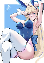 Rule 34 | 1girl, absurdres, animal ears, arm up, armpits, blonde hair, blue archive, blue eyes, blue leotard, breasts, closed mouth, crossed legs, dated, expressionless, fake animal ears, halo, highres, large breasts, leotard, long hair, looking at viewer, mechanical halo, medium breasts, playboy bunny, rabbit ears, shiki (love-saber), signature, sitting, skindentation, solo, thighhighs, toki (blue archive), toki (bunny) (blue archive), v over eye, very long hair, white thighhighs, wrist cuffs
