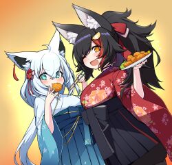 Rule 34 | + +, 2girls, :d, absurdres, ahoge, animal ear fluff, animal ears, aqua eyes, black hair, black hakama, blue hakama, brown eyes, chicken (food), chopsticks, commentary request, dutch angle, eating, floral print, food in mouth, fox ears, fox girl, fried chicken, gradient kimono, hair ornament, hakama, highres, holding, holding chopsticks, hololive, japanese clothes, jb jagbung, kimono, long hair, looking at viewer, multicolored hair, multiple girls, official alternate costume, one eye closed, ookami mio, ookami mio (new year), open mouth, ponytail, red hair, red kimono, shirakami fubuki, shirakami fubuki (new year), smile, streaked hair, virtual youtuber, white hair, white kimono, wide sleeves, wolf ears, wolf girl