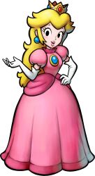 Rule 34 | 1girl, absurdres, blonde hair, crown, dress, earrings, elbow gloves, gloves, hand on own hip, highres, jewelry, long hair, looking at viewer, mario &amp; luigi: partners in time, mario &amp; luigi rpg, mario &amp; luigi rpg (style), mario (series), nintendo, official art, partners in time, pink dress, princess peach, transparent background, white gloves