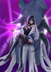 Rule 34 | 00s, bad id, bad pixiv id, black hair, black wings, boots, breasts, choker, crossed legs, dress, dungeon and fighter, female priest (dungeon and fighter), gloves, hand on own head, highres, lecheu, looking at viewer, mistress (dungeon and fighter), purple eyes, short hair, solo, tattoo, thighhighs, thighs, wings
