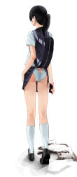 Rule 34 | 1girl, absurdres, ass, backpack, bag, black footwear, black hair, blue skirt, butt crack, cat, cellphone, clothes lift, doroti., facing away, from behind, full body, highres, holding, holding phone, kneehighs, long hair, original, panties, phone, phone with ears, ponytail, school uniform, shirt, shoes, short sleeves, simple background, skirt, skirt lift, smartphone, socks, solo, standing, underwear, white background, white socks, white panties, white shirt