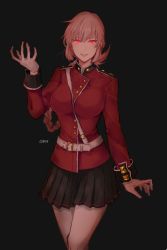 Rule 34 | 1girl, artist name, between breasts, black background, black skirt, braid, breasts, brown hair, fate/grand order, fate (series), florence nightingale (fate), gloves, glowing, glowing eyes, grey gloves, hand up, jacket, long hair, looking at viewer, military, military uniform, orii (orii i), parted lips, pleated skirt, red eyes, signature, skirt, smile, solo, strap between breasts, uniform