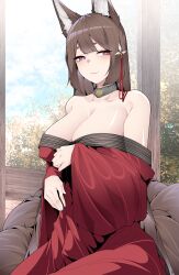 Rule 34 | 1girl, absurdres, amagi (azur lane), animal ears, azur lane, bare shoulders, blush, breasts, brown hair, cleavage, dark skin, eyeshadow, fox ears, fox girl, fox tail, hair between eyes, hair ornament, hand on own chest, hands up, highres, japanese clothes, kimono, kimono pull, kitsune, large breasts, long hair, looking at viewer, makeup, multiple tails, no bra, off shoulder, purple eyes, red eyeshadow, red kimono, samip, slit pupils, smile, solo, tail, undressing, very long hair, wide sleeves