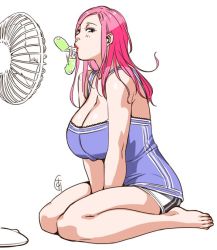 Rule 34 | 1girl, barefoot, blue eyes, breasts, cleavage, feet, female focus, ganto, huge breasts, lipstick, makeup, pink hair, seiza, sitting, solo, white background
