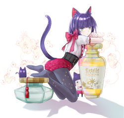 Rule 34 | 2others, androgynous, animal ears, arm support, ass, black legwear, blue eyes, blunt bangs, bob cut, bottle, bow, cat, cat ears, cat tail, chibi, corset, crossed arms, frilled shorts, frills, from side, full body, green eyes, kneeling, kuroi nyan, kuroinyan, looking at viewer, looking back, multiple girls, multiple others, no shoes, oversized object, pantyhose, peeking out, perfume bottle, pixiv fantasia, pixiv fantasia new world, purple hair, shadow, short hair, short shorts, short sleeves, shorts, simple background, tail, tassel, white background