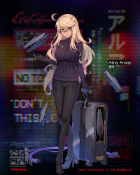 Rule 34 | 1girl, ahoge, alma armas, black-framed eyewear, black footwear, black gloves, black pants, blonde hair, blush, boots, breasts, brown eyes, crossed legs, crossover, dark-skinned female, dark skin, drone, full body, girls&#039; frontline, glasses, gloves, guest character, guest fighter, hand up, high heel boots, high heels, highres, large breasts, long hair, long sleeves, looking at viewer, luggage, mechanical hands, official art, over-rim eyewear, pants, purple sweater, red-framed eyewear, ribbed sweater, semi-rimless eyewear, sidelocks, smile, solo, sweater, terras, turtleneck, unmanned aerial vehicle, unmanned combat aerial vehicle, va-11 hall-a, watson cross, wavy hair, weapon
