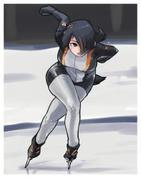 Rule 34 | 1girl, absurdres, action, adapted costume, black hair, commentary request, emperor penguin (kemono friends), hair over one eye, streaked hair, highres, kemono friends, multicolored hair, orange hair, short hair, skates, skating, skating rink, solo, speed skating, toriny321, unitard