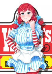 Rule 34 | 1girl, blue eyes, bow, braid, breasts, dress, freckles, hair bow, keikyu (tiltedcube), large breasts, looking at viewer, pinstripe pattern, product girl, red hair, smile, solo, striped clothes, striped dress, striped thighhighs, thighhighs, twin braids, wendy&#039;s, wendy (wendy&#039;s)