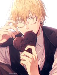Rule 34 | 1boy, backlighting, bespectacled, black jacket, black vest, blonde hair, candy, chocolate, chocolate heart, collared shirt, commentary request, ear piercing, english text, fingernails, food, food in mouth, glasses, hair between eyes, hand up, happy valentine, heart, jacket, jacket on shoulders, kise ryouta, kuroko no basuke, lower teeth only, male focus, mashima shima, mouth hold, piercing, shirt, short hair, simple background, solo, teeth, twitter username, upper body, valentine, vest, white background, white shirt, yellow eyes