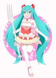 Rule 34 | 1girl, absurdly long hair, absurdres, anniversary, aqua eyes, aqua hair, artist name, artist request, back bow, bare shoulders, blue eyes, blue hair, bow, breasts, cake hair ornament, cleavage, corset, dress, female focus, food-themed hair ornament, fork, frilled dress, frills, full body, hair ornament, hatsune miku, high heels, highres, holding, holding fork, light brown skirt, long hair, medium breasts, pickled plum tea, pink footwear, pink high heels, red corset, solo, standing, standing on one leg, twintails, very long hair, vocaloid, white bow, white dress, white legwear, wing collar