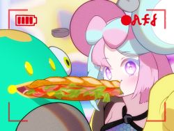 Rule 34 | 1girl, aqua hair, bare shoulders, bellibolt, bow-shaped hair, character hair ornament, creatures (company), food in mouth, game freak, gen 1 pokemon, hair ornament, hexagon print, iono (pokemon), jacket, light blush, looking at viewer, magnemite, multicolored hair, nintendo, oversized clothes, pink hair, pokemon, pokemon (creature), pokemon sv, purple eyes, recording, sandwiched, shirt, sleeveless, sleeveless shirt, split-color hair, submarine sandwich, two-tone hair, x, yellow jacket, yuui art