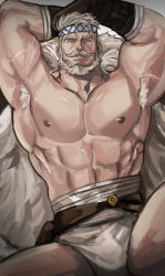 Rule 34 | 1boy, abs, armpit hair, bandages, bara, beard, blue eyes, brk 603, bulge, collarbone, facial hair, fundoshi, granblue fantasy, headband, highres, japanese clothes, large pectorals, male focus, male underwear, manly, muscular, mustache, nipples, pectorals, topless male, short hair, solo, soriz, thighs, upper body, white hair, white male underwear