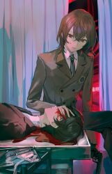 Rule 34 | 2boys, akechi gorou, amamiya ren, black hair, blood, blood on face, brown hair, closed mouth, collared shirt, exit sign, gun, hand over another&#039;s eyes, holding, holding gun, holding weapon, jacket, long sleeves, lying, male focus, multiple boys, necktie, on back, pants, persona, persona 5, red eyes, school uniform, shirt, shuanggeng1100, shuujin academy school uniform, sitting, syringe, weapon, white shirt