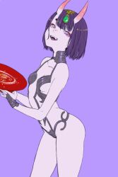 Rule 34 | 1girl, breasts, chimu (chimoon), cowboy shot, cup, fate/grand order, fate (series), headpiece, horns, looking at viewer, oni, open mouth, purple background, purple eyes, purple hair, revealing clothes, sakazuki, short hair, shuten douji (fate), simple background, skin-covered horns, small breasts, smile, solo