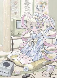 Rule 34 | 1girl, blonde hair, blue bow, blue eyes, blue footwear, blue hair, blue shirt, blue skirt, bow, cable, cd, chouzetsusaikawa tenshi-chan, dejiko, di gi charat, figure, game console, gamecube, hair bow, hair ornament, hands on own legs, heart, heart hair ornament, highres, indoors, long hair, long sleeves, monitor, multicolored hair, needy girl overdose, o (pottypottp), pink bow, pink hair, pleated skirt, poster (object), purple bow, quad tails, sailor collar, school uniform, serafuku, shirt, sitting, sitting on pillow, skirt, solo, tatami, twintails, very long hair, wariza, yellow bow