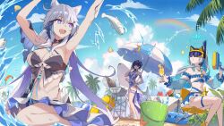 Rule 34 | 3girls, :o, ahoge, animal, animal ear fluff, animal ears, arm up, armpits, bare shoulders, beach, beach umbrella, blue skirt, blue sky, blue sleeves, breasts, bucket, cat ears, cleavage, cloud, cloudy sky, cooking, cup, day, detached sleeves, fish, grey hair, grill, halo, holding, holding cup, homu (honkai impact), honkai (series), honkai impact 3rd, kiana kaslana, kiana kaslana (herrscher of finality), kneeling, large breasts, long hair, multiple girls, mush (mushlicious), navel, official alternate costume, open mouth, outstretched hand, raiden mei, raiden mei (herrscher of origin), rainbow, sand, second-party source, sitting, skirt, sky, small breasts, snorkel, standing, star-shaped pupils, star (symbol), surfboard, symbol-shaped pupils, teeth, thigh strap, tree, umbrella, upper teeth only, water, white hair