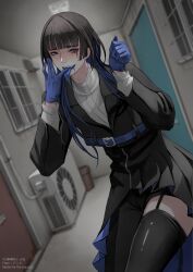 Rule 34 | 1boy, absurdres, black hair, black thighhighs, blue eyes, blue gloves, blue tongue, blunt bangs, colored inner hair, colored tongue, commentary request, commission, fangs, finger to tongue, garter straps, gloves, hands up, highres, hime cut, jittsu, long hair, looking at viewer, multicolored hair, original, saliva, single thighhigh, skeb commission, solo, tears, thighhighs, tongue, tongue out, trap