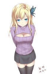 Rule 34 | 00047, 10s, 1girl, aqua eyes, arms behind back, bad id, bad pixiv id, black skirt, black thighhighs, blonde hair, boku wa tomodachi ga sukunai, breasts, cleavage, cleavage cutout, clothing cutout, dated, highres, kashiwazaki sena, long hair, looking at viewer, medium breasts, meme attire, open-chest sweater, ribbed sweater, simple background, skirt, smile, solo, sweater, thighhighs, turtleneck, white background, zettai ryouiki