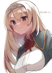 Rule 34 | 1girl, absurdres, blonde hair, blue eyes, breasts, cropped jacket, cropped torso, dress shirt, flower, highres, kantai collection, large breasts, long hair, military, military uniform, one-hour drawing challenge, red flower, red rose, rose, shirasumato, shirt, simple background, solo, uniform, upper body, victorious (kancolle), white background, white shirt