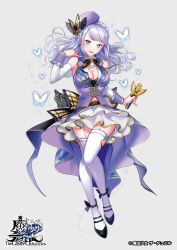 Rule 34 | 1girl, bow, braid, breasts, bug, butterfly, butterfly hair ornament, cleavage, copyright name, detached sleeves, full body, garter straps, grey background, hair ornament, hand up, hat, holding, holding microphone, insect, large breasts, long hair, looking at viewer, matsurika youko, microphone, official art, purple eyes, purple hair, purple hat, purple vest, skirt, smile, solo, standing, the caster chronicles, thighhighs, vest, white skirt, white thighhighs, wrist cuffs