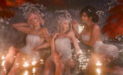 3girls alternate_hairstyle autumn_leaves black_hair breasts candle final_fantasy final_fantasy_vii final_fantasy_xiii final_fantasy_xvi flower grey_hair hair_bun hair_flower hair_ornament highres in-franchise_crossover jill_warrick lantern leaf lightning_farron multiple_girls naked_towel onsen parted_lips partially_submerged pink_hair ria_(baka-neearts) single_hair_bun smile tifa_lockhart towel water