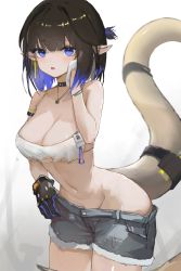 Rule 34 | 1girl, absurdres, arknights, arm strap, bare arms, bare shoulders, black gloves, black hair, black pants, blue eyes, blue hair, blue shorts, breasts, camisole, chinese commentary, cleavage, commentary request, cowboy shot, crop top, eunectes (arknights), eunectes (forgemaster) (arknights), gloves, hand up, highres, large breasts, long hair, looking at viewer, manatsu no yo no inmu, midriff, navel, official alternate costume, one side up, open fly, pants, parted lips, pointy ears, shorts, simple background, snake tail, solo, spaghetti strap, standing, stomach, tail, white background, wiping sweat, zombie ke