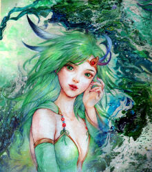 1girl absurdres acrylic_paint_(medium) beads blue_feathers breasts cape circlet cleavage colored_pencil_(medium) detached_sleeves eyelashes feather_hair_ornament feathers final_fantasy final_fantasy_iv fingernails furisode_sleeves gem green_cape green_eyes green_hair green_leotard green_sleeves hair_ornament hand_up head_tilt highres jurithedreamer leotard light_smile long_fingernails long_hair looking_at_viewer medium_breasts painting_(medium) parted_lips red_gemstone red_lips rydia_(ff4) solo traditional_media wide_sleeves