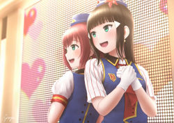 Rule 34 | 2girls, back-to-back, bad id, bad pixiv id, blue hat, blunt bangs, blush, earrings, flower, gloves, green eyes, hair flower, hair ornament, hairclip, hands on own chest, happy party train, hat, heart, hibiscus, indoors, jewelry, kurosawa dia, kurosawa ruby, long hair, looking away, looking to the side, love live!, love live! sunshine!!, mini hat, mole, mole under mouth, multiple girls, papi (papiron100), red hair, round teeth, short hair, short sleeves, siblings, sidelocks, signature, sisters, stage, striped, striped sleeves, tareme, teeth, uniform, upper body, vertical stripes, white gloves