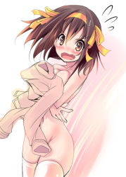 Rule 34 | 00s, 1girl, blush, breast press, breasts, breasts squeezed together, brown eyes, brown hair, cleavage, clothes in front, covering privates, fang, female focus, hair ribbon, nude, nude cover, open mouth, ribbon, shiny skin, shiranagi, solo, surprised, suzumiya haruhi, suzumiya haruhi no yuuutsu, sweater, thighhighs