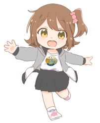 Rule 34 | bad id, bad twitter id, black skirt, bow, brown hair, dot nose, grey jacket, hair bow, hood, hooded jacket, hutaba, idolmaster, idolmaster million live!, jacket, kasuga mirai, leg up, long sleeves, looking at viewer, open mouth, outstretched arms, pleated skirt, print shirt, shirt, shoes, short hair, side ponytail, sidelocks, skirt, smile, socks, solo, teeth, upper teeth only, white background, white footwear, white shirt, white socks, yellow eyes