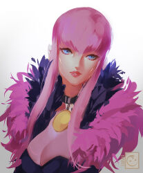 Rule 34 | 1girl, blue eyes, breasts, charmiisan, choker, cleavage, feather boa, feathers, hime cut, manon legrand, medal, medium breasts, pink hair, sidelocks, solo, street fighter, street fighter 6, white background