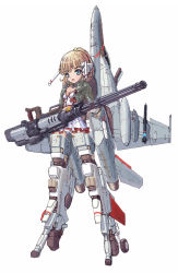 Rule 34 | aircraft, airplane, blonde hair, blue eyes, f-18, fighter jet, gun, hair ornament, highres, jacket, jet, looking at viewer, mecha musume, military, military vehicle, missile, open mouth, smile, weapon, wheel, wings