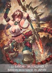 Rule 34 | 1girl, armlet, armor, armpits, arms up, braid, breasts, brown eyes, brown hair, cleavage, dragon girl, gauntlets, large breasts, monster girl, shinpou taisen teosmakia, solo, tail, tattoo, twin braids, twintails, v8, weapon